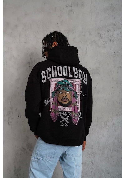 Erkek School Boy Baskılı Kapüşonlu Sweat - Siyah