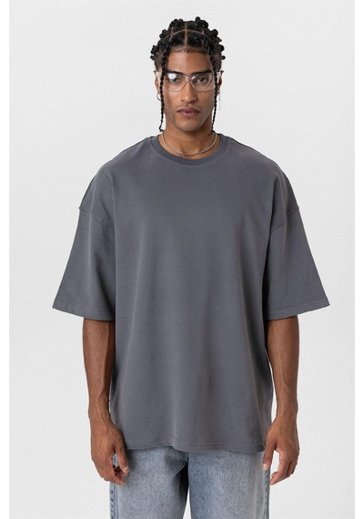 Vamos Basic Oversize Bisiklet Yaka Tişört Füme