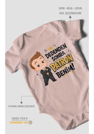 Morivokids Dedemden Sonra Patron Benim Kısa Kollu Bebek Body %100 Pamuk Pastel Pembe