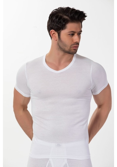 Siyah İnci Pamuklu Ribana V Yaka Kısa Kollu T-shirt Siyah