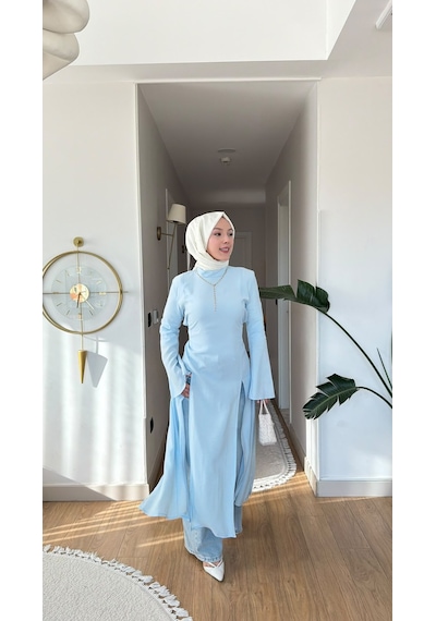 Esra Butik78 İnce Modal Kumaş Parçalı Arkadan Bağlama Detaylı Tunik Kahverengi, Bebe Mavisi & Bej 130 Cm Mavi