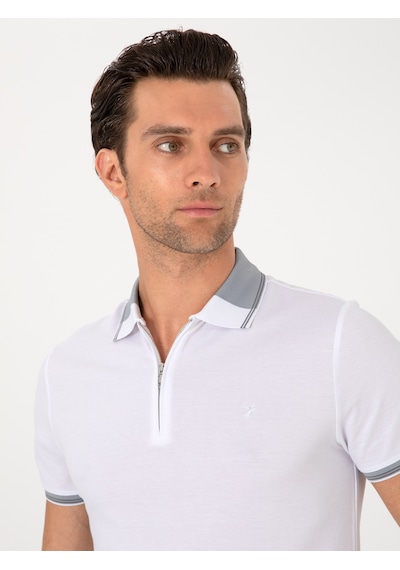 Beyaz Slim Fit %100 Pamuk Fermuarlı Polo Yaka T-shirt