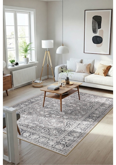Artloop Stonart Eskitme Vintage Desenli Gri Otantik Yıkanabilir Şönil Halı Al 451 Gri 5