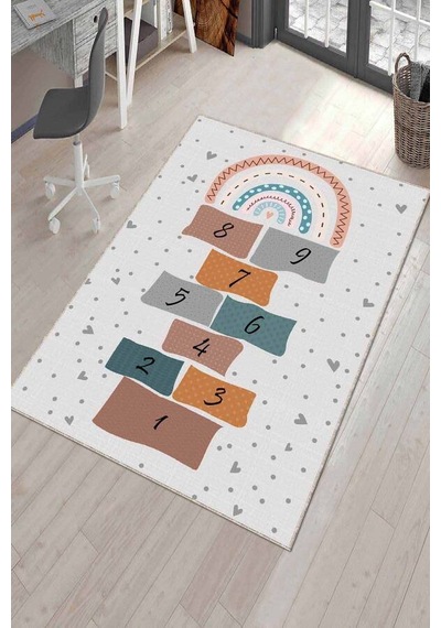 Ekru Kaymaz Tabanlı Seksekli Oyun Halısı Çocuk Halısı Ar581n11