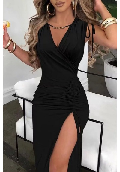 Hazego Kadın Sıfır Kollu V Yakalı Yırtmaç Detaylı Beli Büzgülü Omuzdan Bağcıklı Sandy Maxi Elbise Siyah Hazego Kadın Sıfır Kollu V Yakalı Yırtmaç Detaylı Beli Büzgülü Omuzdan Bağcıklı Sandy Maxi Elbise Siyah