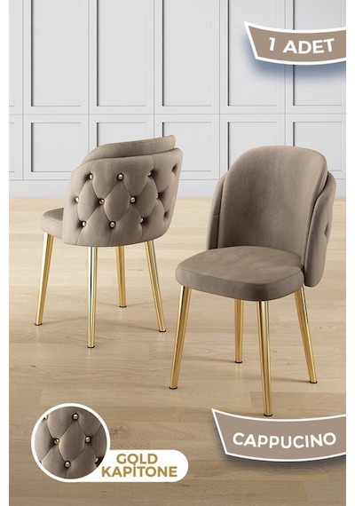Canisa Axle Serisi 1 Adet Cappucino Mutfak Sandalyesi Gold Kaplama Metal Ayak 1. Sınıf Babyface Kumaş Sandalye Cappucino Ayaklar Gold