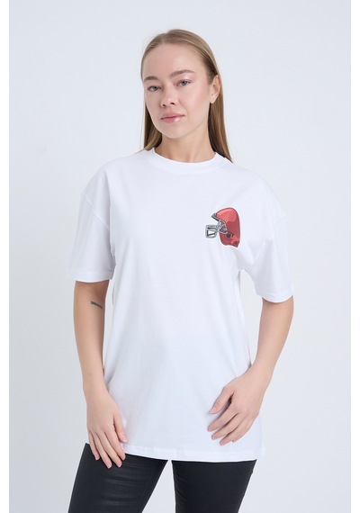 Kadın Oversize Baskılı T-shirt Beyaz Football Helmet Beyaz