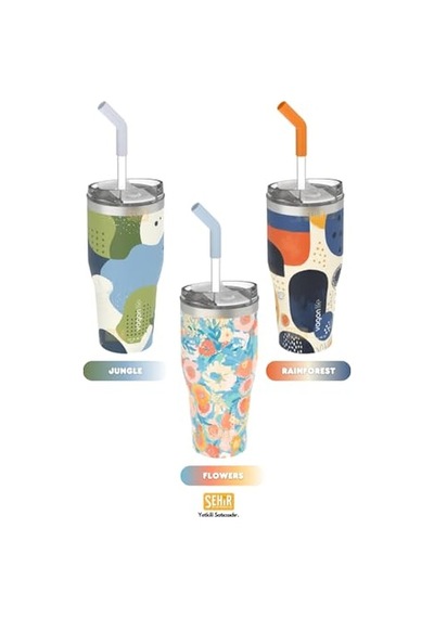 Desenli Pipetli Pipetsiz Çift Kullanım Tumbler Kahve Bardağı Mug Paslanmaz Çelik Termos Jungle Diğer