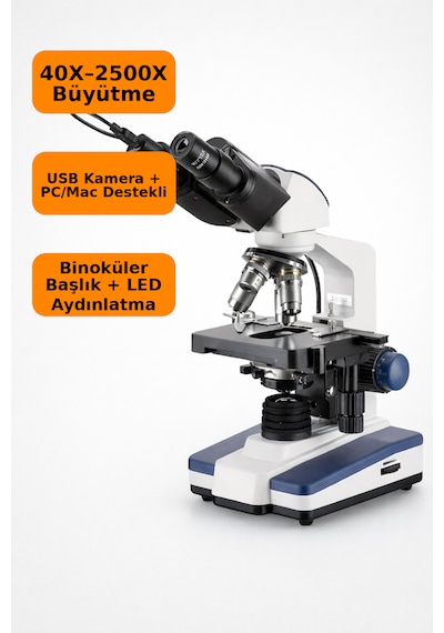 2500x Binoküler Biyolojik Mikroskop Usb Kameralı Pc/mac Destekli 4 Objektif + Yazılım