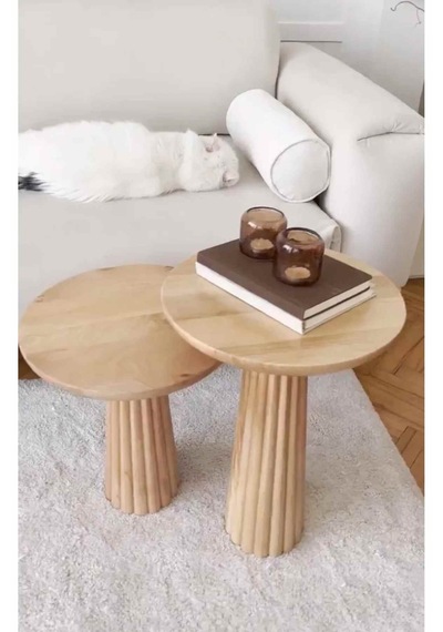 Masif Ahşap Yan Sehpa Seti Naturel Renk 2 Li Zigon Ve Fiskos