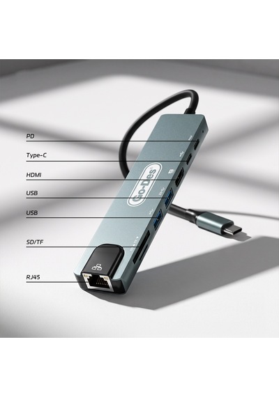 Go Des Gd-9230 Type-c Bağlantılı 8in1 Usb3.0 + Pd + Hdmi 4k Ultra Hd + Rj45 + Sd/tf Hub Adaptör Gri