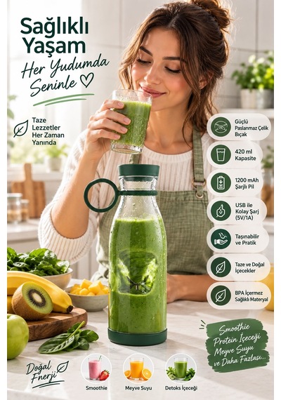 Taşınabilir Şarjlı Blender 420 Ml 40w Usb Şarjlı Smoothie Ve Meyve Suyu Blenderi Yeşil