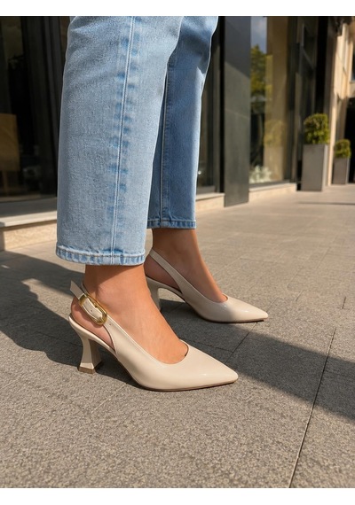 Asmi Shoes Kadın Teresa Krem Rugan Sivri Burun Arkası Açık 8 Cm Topuklu Ayakkabı