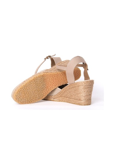 Gerçek Elişi Topuğu Açık Bilekten Bantlı Dolgu Topuk Bej Keten Hasır Espadril Handmade Bej