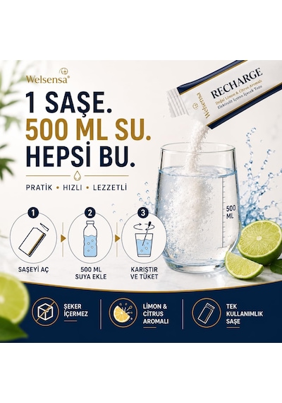 Recharge 20 Saşe, Şekersiz Elektrolit İçecek Tozu, Magnezyum Bisglisinat Ve C Vitamini, Limon & Citrus Aromalı