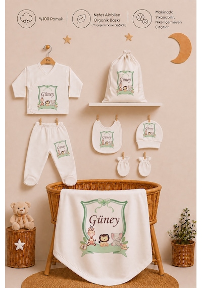 Pia Baby İsme Özel Erkek Bebek Zıbın Seti 8 Parça %100 Pamuk Hastane Çıkışı Keseli Hediye Seti 1063zybk0x Ekru
