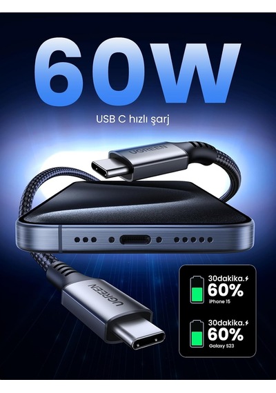 Usb C Şarj Kablosu 60w Siyah Naylon Usb C - Usb C Kablosu Pd 3.0 Pps İphone 15 Pro Max Galaxy S23 S22 S21 A54 A34 A14 İpad Pro 12.9 İpad Air 5/mini 6, Pixel 7 Pro Vb. İle Uyumludur. 2m