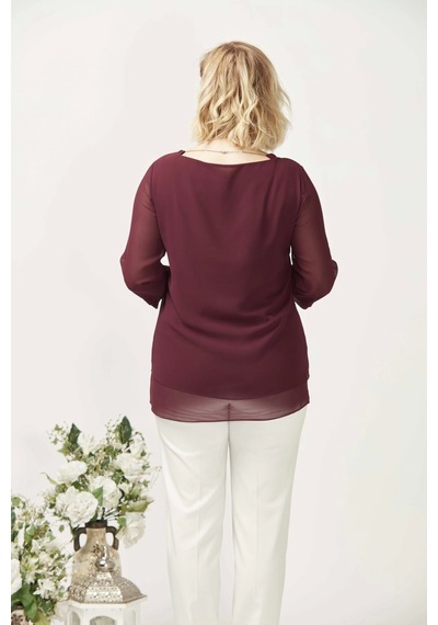 Moda Berray 1934 Kolyeli Şifon Büyük Beden Şık Bluz Bordo Bordo