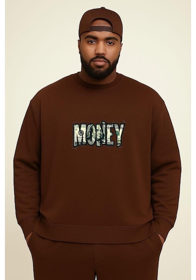 Benroma 3 İplik Penye Money Baskılı Büyük Beden Unisex Sweatshırt Kahverengi