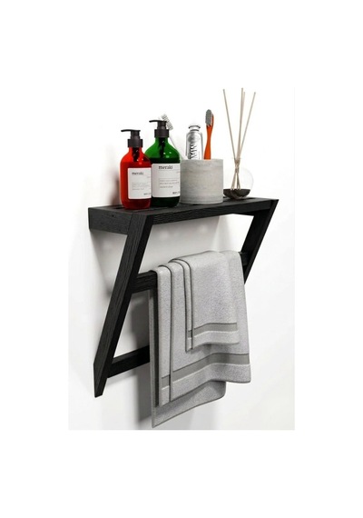 Matkap Gerektirmeyen Ahşap Banyo Rafı Ve Havluluk - 50x40 Cm - Yapışkanlı Duvar Rafı Siyah