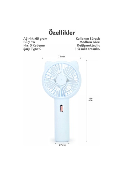 3 Modlu Şarjlı El Fanı 3 Kademe Seyahat Masaüstü Vantilatör Taşınabilir Mini Fan F136 Mavi