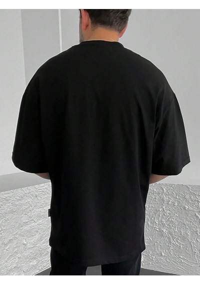 T-shirt - Beach Baskılı Oversize Bisiklet Yaka Kısa Kol Tişört Siyah