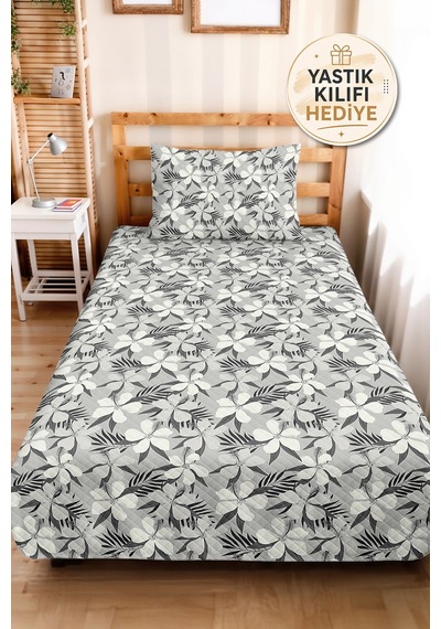 Çiçekli Gri Modern Tek Kişilik Pike Takımı - Botanik Beyaz Antrasit 160x220 Cm Kapitone Yatak Örtüsü Naif Gölge Kıyımı