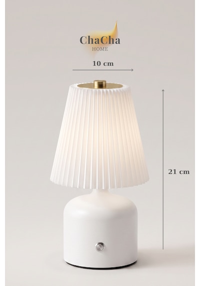Lumina Plissé Dokunmatik Şarjlı Masa Lambası - Kademeli Dimmerli Dekoratif Gece Lambası Abajur 21x10 Cm Beyaz