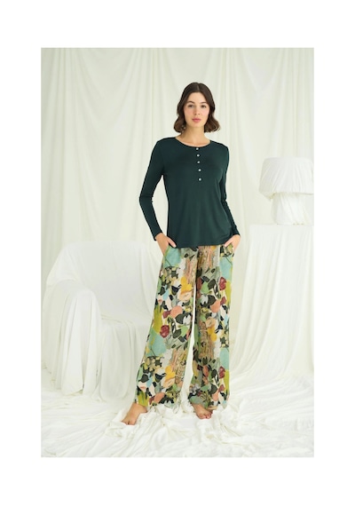 Litae Herşeytrend Çiçek Ve Yaprak Desenli Pijama Takımı Yeşil
