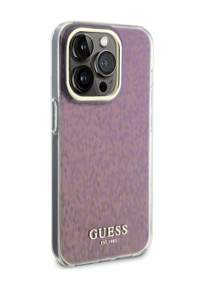 Apple Uyumlu iPhone 15 Pro Max Kılıf Guess Lisanslı Yazı Logolu Mirror Disco Kapak Mor