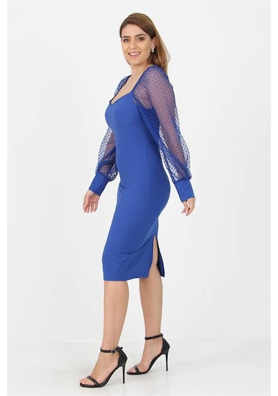 Neşeli Butik Kadın Yeni Sezon Kolları Tül Midi Boy Likralı Elbise Nb10004 Saks