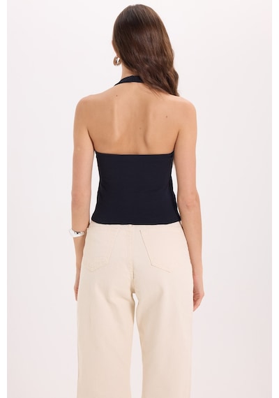 Tudors Kadın Slim Fit Dar Kesim Pamuklu Halter Yaka Kaşkorse Lacivert Crop-50710