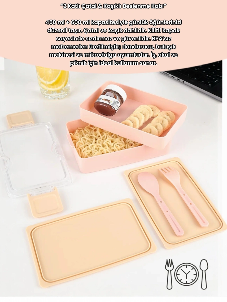 Dikdörtgen İki Katlı Lunch Box Pembe Renk Beslenme Kutusu Saklama Kutusu Pembe