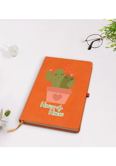 Kişiye Özel Kaktüs Tasarımlı Turuncu Termo Deri Defter Model 11