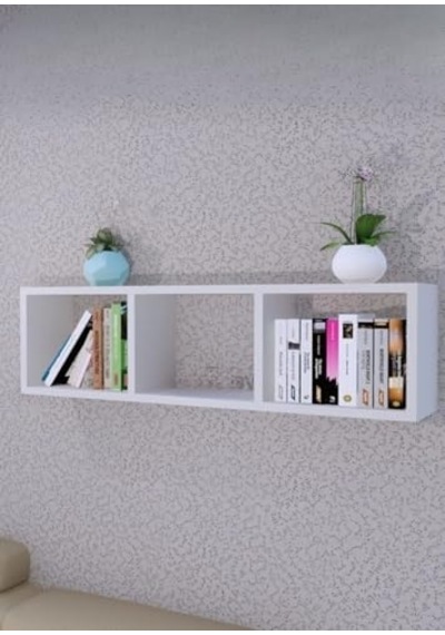Duvara Monte Yatay Askılı Raf, 3 Bölmeli Dekoratif Duvar Rafı, Kitaplık, Aksesuar Depolama, 90x25x17cm Beyaz 90x25 Diğer
