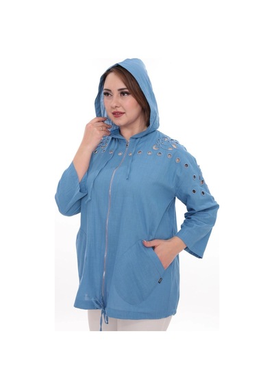 Lady Majestic Büyük Beden %100 Cotton Kapüşonlu Hırka Rahat Ve Şık Tasarım - 44462 Mavi
