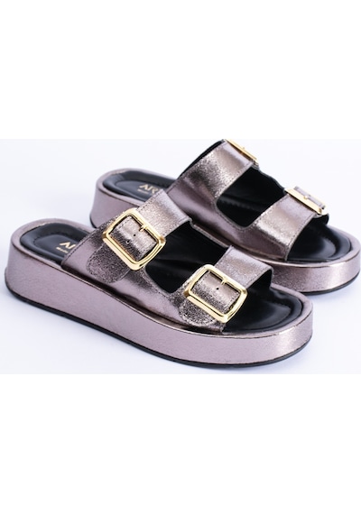 Polomia Comfort Calie Kadın Anatomik Comfort İki Bantlı Gold Detay Tokalı Esnek Yazlık Günlük Flat Sandalet Terlik Platin