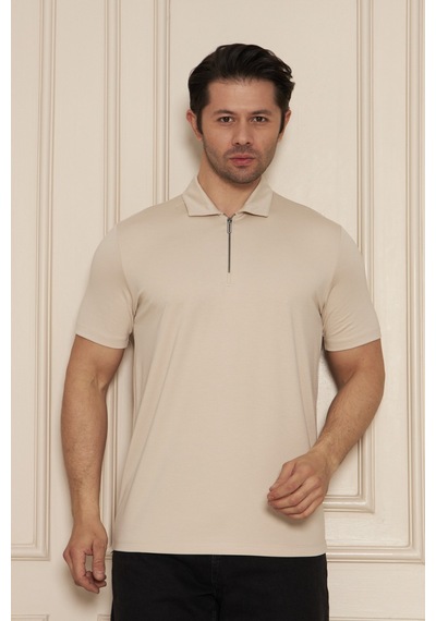 Jeuss Erkek Viscon Lina Kumaş Fermuarlı Yakalı Bej Tshirt