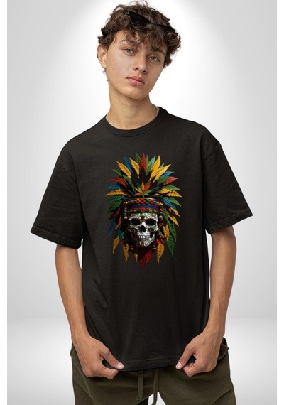 Kurukafa İskelet Kızılderili Tüy Kartal Şefi Pamuklu Bisiklet Yaka Unisex Oversize Boyfriend Dijital Baskılı Siyah T-shirt Siyah