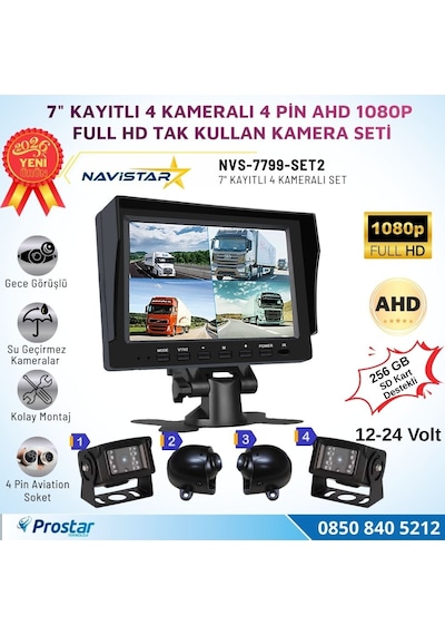 7 İnç Kayıtlı Ahd 1080p 4 Kameralı Full Hd Araç Kamera Sistemi 256gb Sd Kart Destekli Gece Görüşlü Tak Kullan Set