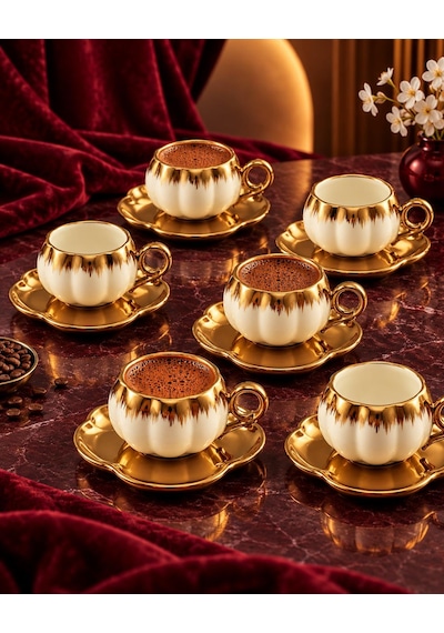 Valkyrie 6 Kişilik Beyaz Gold Balkabağı Model Türk Kahvesi Fincan Takımı 12 Parça 80 Ml Çeyizlik Byz