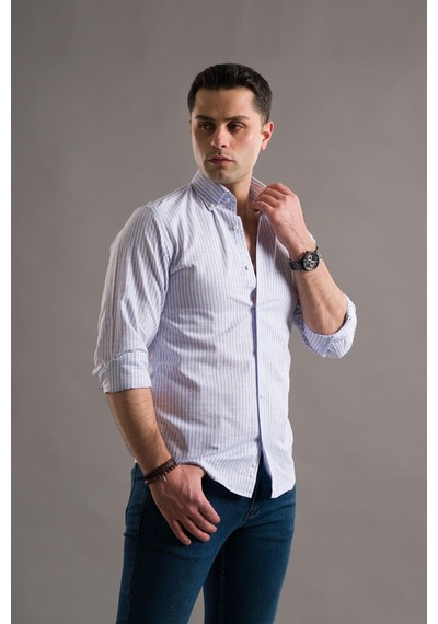 Evrytime Slimfit Yaka Düğmeli Çizgili Uzun Kol Yazlık Erkek Gömlek 001