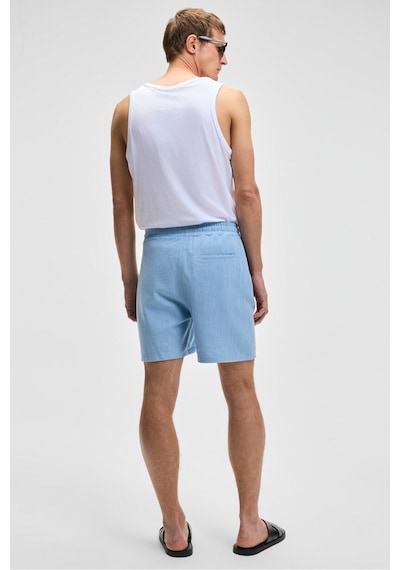 Grimelange LEYTON Erkek Relaxed Fit Çift Cepli Beli Lastikli Keten Karışımlı Dokuma Mavi Şort & Bermuda