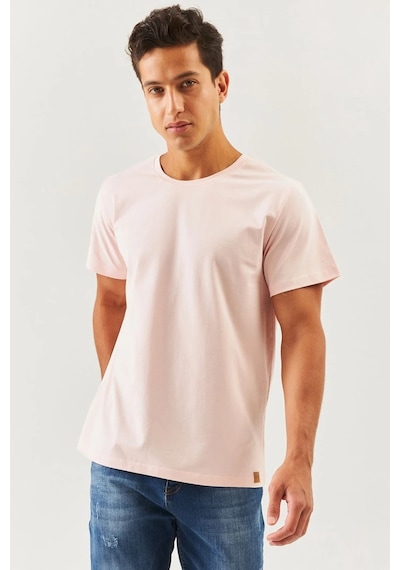 Erkek Oversize Rahat %100 Pamuklu Penye Bisiklet Yaka Kısa Kol Basic T-shirt Pudra