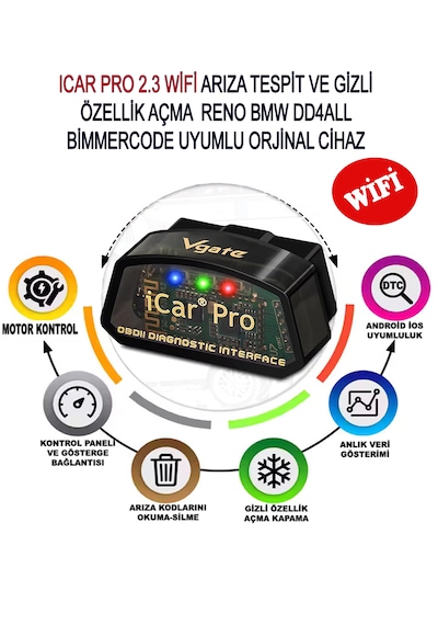Vgate İcar Pro 2.3v Wifi Bandrollü Arıza Tespit Gizli Özellik Açma Cihazı Ddt4all-forscan-carista