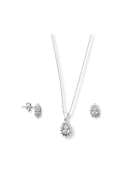 Oya Silver Mini Beyaz Işıltı Çevrili Doğal Taşlı Damla Kadın Kolye Küpe Gümüş Set
