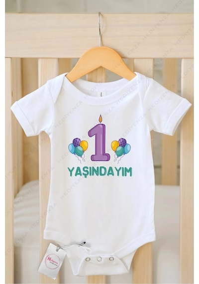 Hediyenza 1 Yaşındayım Özel Tasarım Bebek Zıbın Pamuklu Çıtçıtlı Body Beyaz