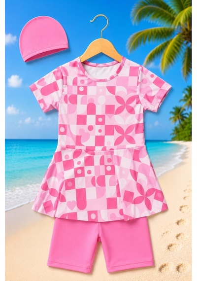 My Kids Wear Kız Çocuk Desenli Şortlu Bone Li Mayo Takımı 12874 Pembe - Beyaz