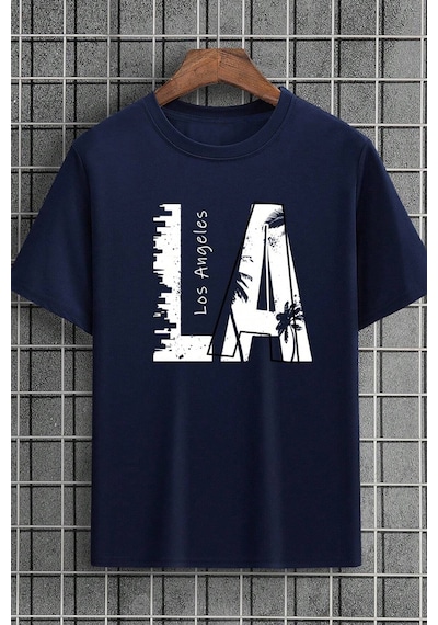 Unisex Los Angles Baskılı Tasarım Tshirt Lacivert
