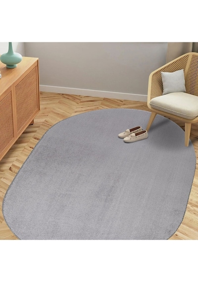 Comfort Oval Overloklu Peluş Halı Gri Gri Overloklu Oval